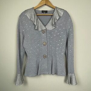 Terani Silver Top 14‎ Rhinestone Floral Bell Sleeve Ruffle Collar Vintage